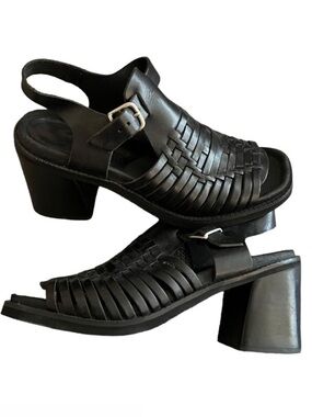 Riverstone Black Woven Leather Open Toe Chunky Block Heel Heeled Sandal 8.5